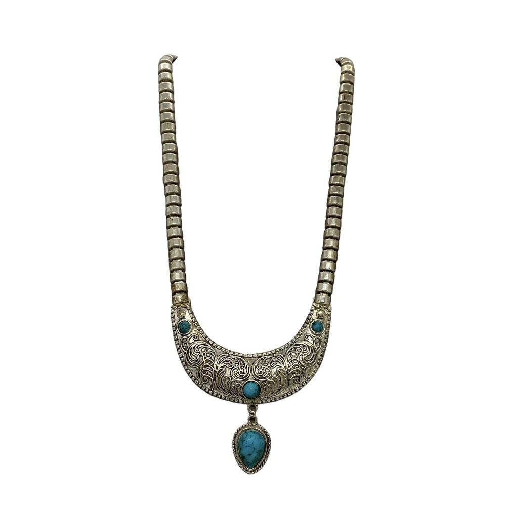 VTG Fashion 20" Silver Metal Link Necklace Turquoise Colored Stones Drop Pendant